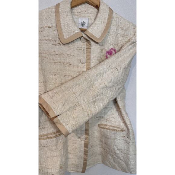 Paule Vasseur Lulu Beige Tweed Beaded Floral Blazer Silk Jacket Formal 44/ 12 US - Picture 6 of 11